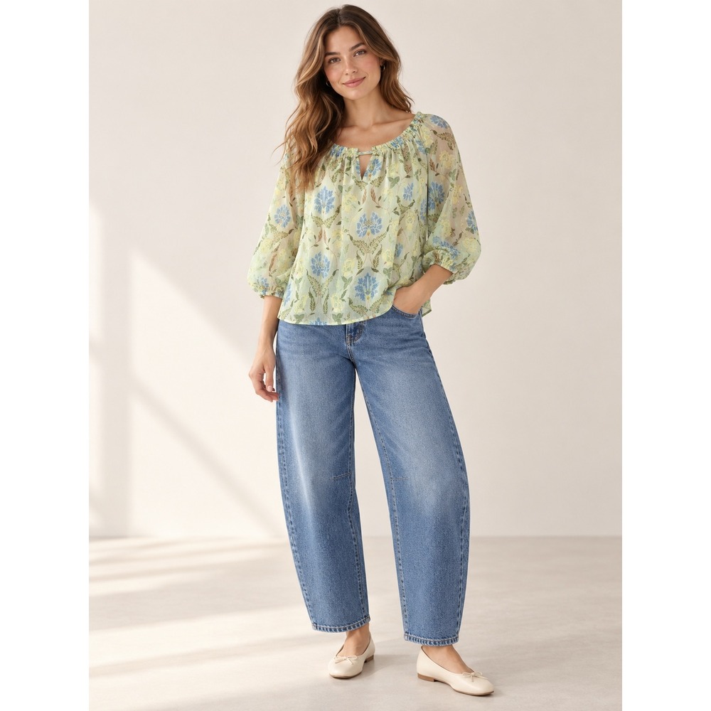 LOFT Floral Chiffon Off the Shoulder Peasant Blouse Green Blue Yellow Medium